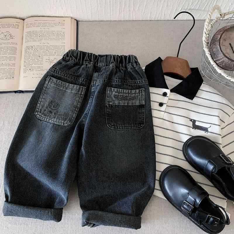 子供用ジーンズ 男の子 黒色 デニム ロングパンツ 刺繍 刺しゅう コットン混紡 普段着 カジュアル 春秋 90 100 110 120 130 140