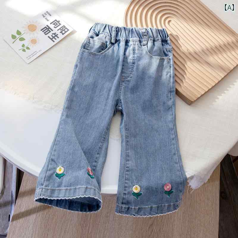子供服 デニムパンツ 女の子 春秋 レース フリル フレアパンツ 刺繍 90%綿 普段着 ...