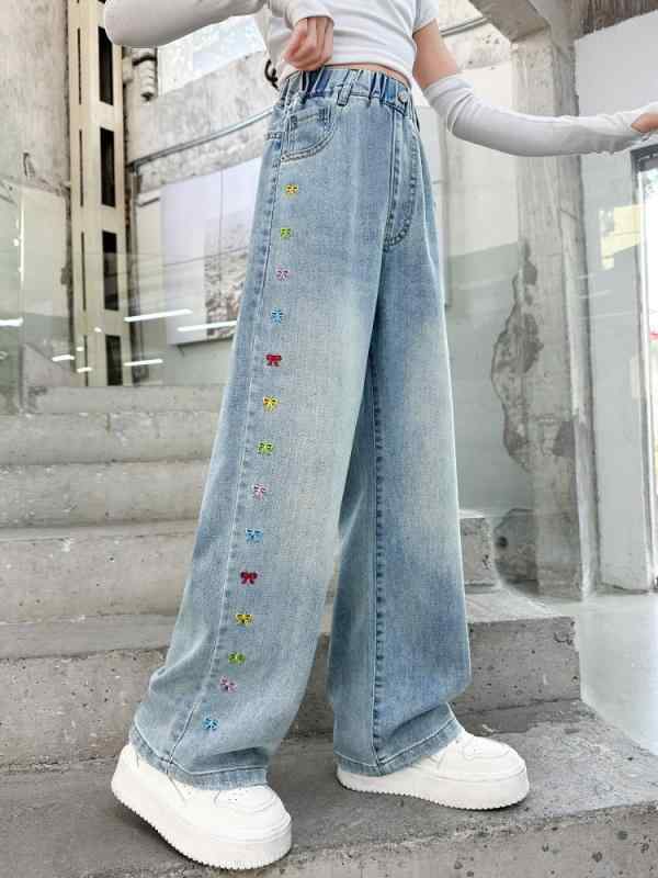 子供服 デニムパンツ ガールズ ワイドレッグパンツ ロングパンツ 120cm 130cm 140cm 150cm 160cm 170cm 女の子 女児 カジュアル 薄手 春夏