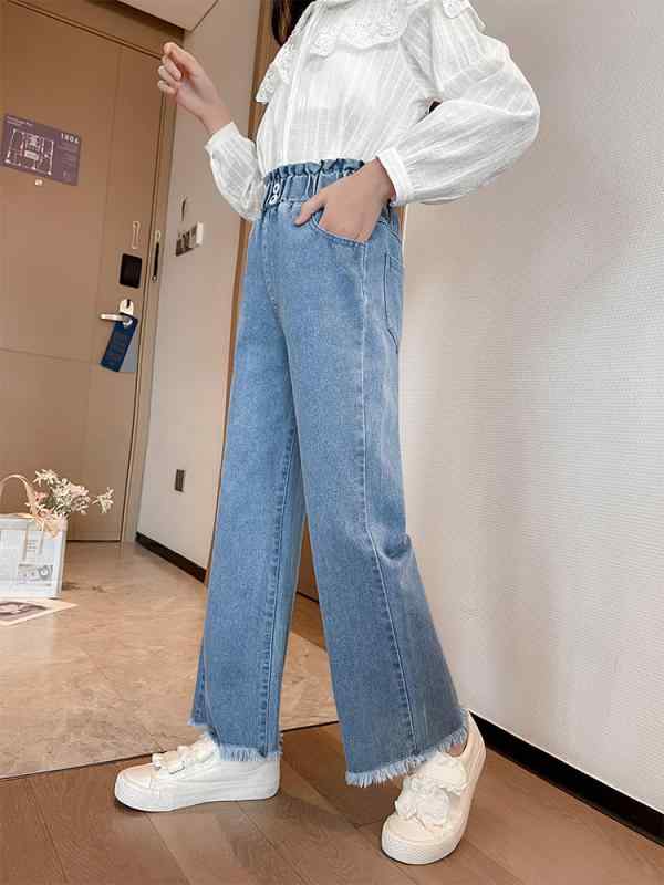 子供服 デニム ワイドパンツ 女の子 大童 ガールズ 女児 ロングパンツ ジーパン ズボン ゆったり 伸縮性 ウエストゴム 普段着 通学着 ブルー