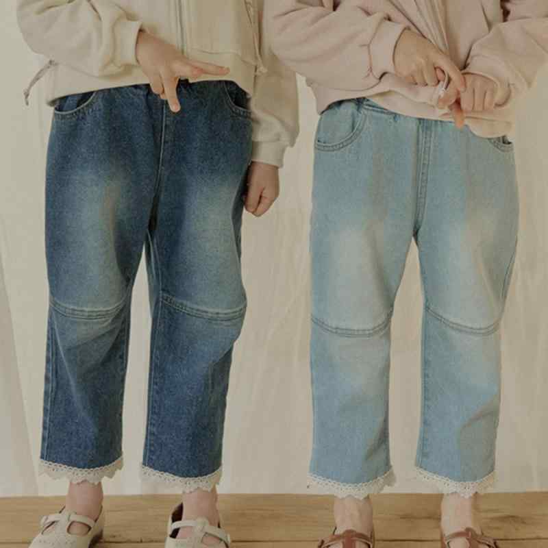 子供服 デニムパンツ ガールズ 女の子 コットン 花柄レース フリル 柔らかい 春秋 中小童 ロングパンツ 90cm～150cm カジュアル かわいい 深いデニム 浅いデニム