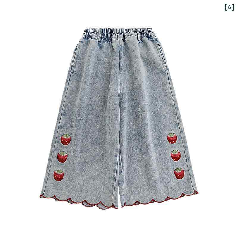 子供服 女の子 デニムパンツ いちご刺繍 柔らかい コットン 9分丈パンツ ジーンズ ...
