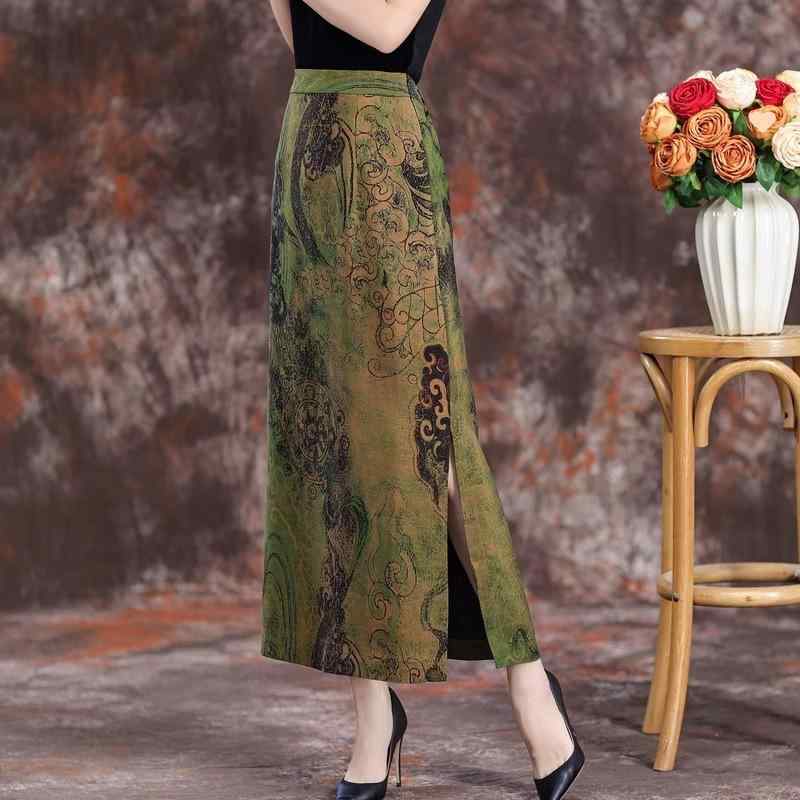 スカート レディース 春夏 シルク サテンスカート ハイウエスト 着痩せ 美シルエット 包臀スカート ミモレ丈スカート エレガント 通勤 オフィス 普段使い グリーン 花柄