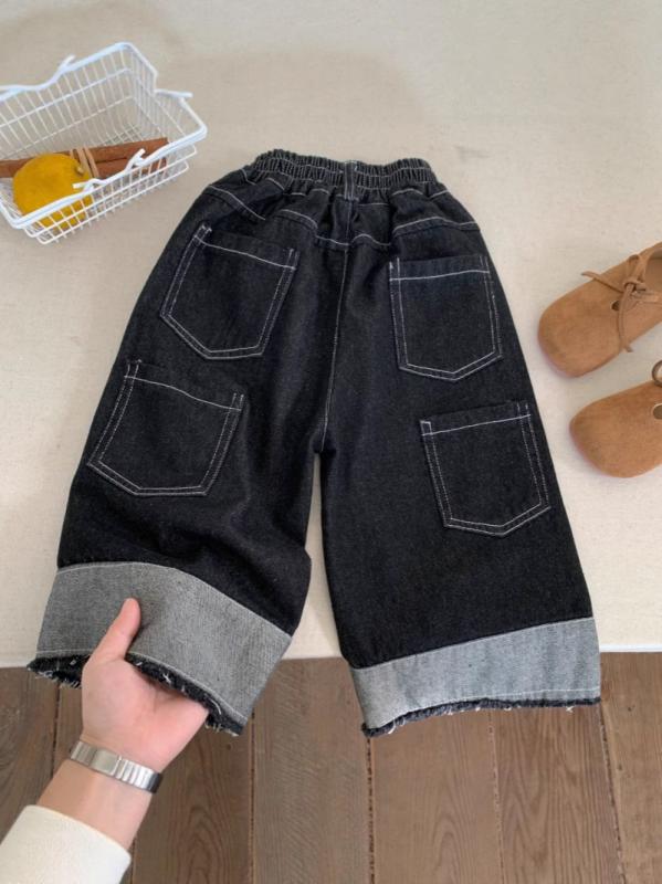 子供用ジーンズ 男女兼用 ストレート 韓国風 切り替え デニムパンツ ロングパンツ 毛羽立ち加工 綿混紡 春秋 カジュアル ブラック 90cm 100cm 110cm 120cm 130cm 140cm 150cm