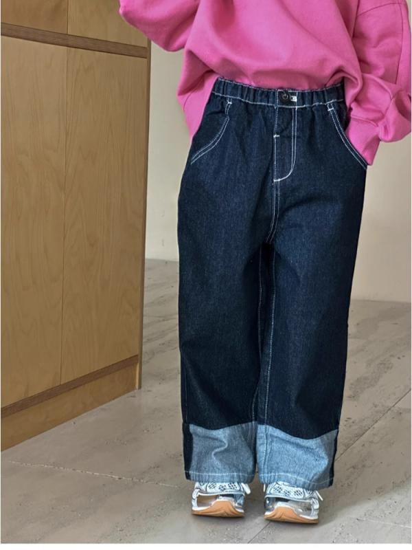 Occidental Goods - 子供服 パンツ デニム ジーンズ 女の子 カジュアル ズボン 韓国風 切り替え ワイドレッグパンツ ロングパンツ 春秋 中小童 深藍色 110cm 120cm 130cm 140cm 150cm 160cm