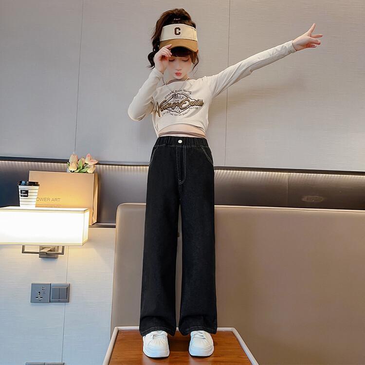 子供服 デニム ワイドパンツ ガールズ 春秋 中学生 ブラック ブルー 120cm 130cm 140cm 150cm 160cm 17..
