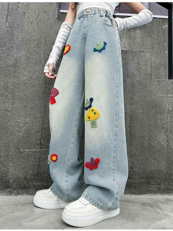 子供服 デニムパンツ ガールズ 刺繍 春秋 ロングパンツ ゆったり ストレート 高学年 ジュニア カジュアル かわいい
