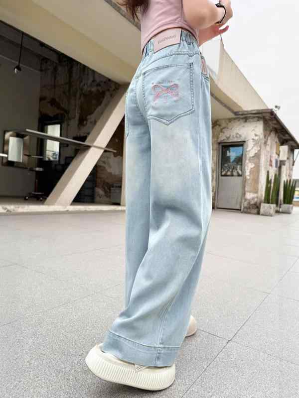 子供服 デニムパンツ ガールズ 天使 接触冷感 涼しい 長ズボン ワイドパンツ ゆったり 高学年 小学生 薄手 ピンク系 無地 ウエストゴム 120 130 140 150 160 170