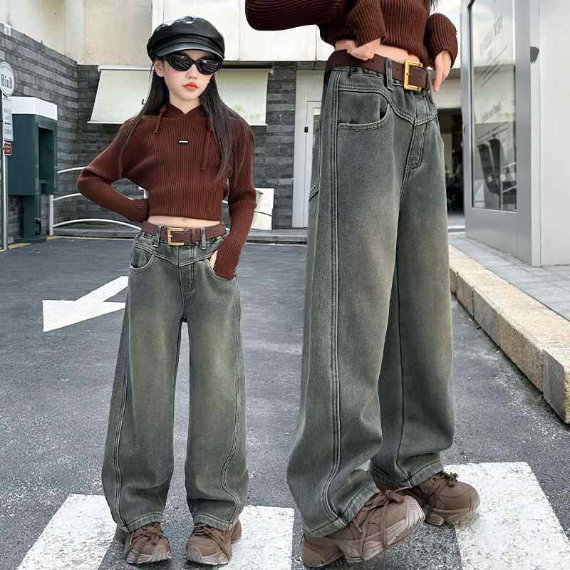 子供服 デニムパンツ 女の子 ワイドレッグパンツ ロングパンツ ガールズ 女児 長ズボン 普段着 韓国風 春秋冬 ゆったり 伸縮性 高学年 120 130 140 150 160 170 ブラック ブルー