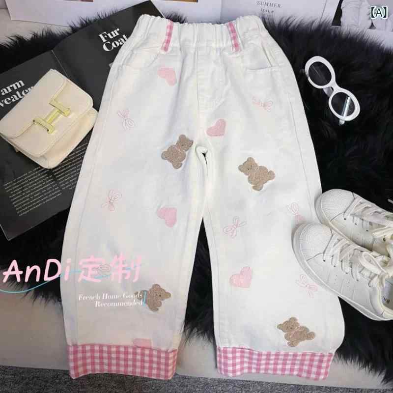 子供服 ジーンズ 女の子 チェック柄 デニム ロングパンツ 女児 ガールズ ベビー服 幼児 ズボン かわいい クマ 春秋 ミディアムウエスト 90cm 100cm 110cm 120cm 130cm 140cm