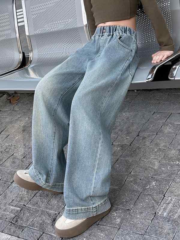 子供服 デニムパンツ 女の子 ワイドレッグパンツ 春物 ガールズ ストレートパンツ 普段着 韓国風 薄色 ミドルウエスト 8歳以上