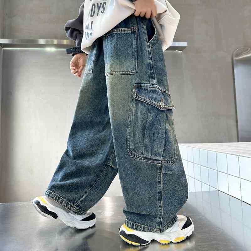 キッズ デニムパンツ 男の子 秋物 子供服 ジーンズ ワイドレッグパンツ ブルージーンズ ボーイズ ロングパンツ 普段着 春秋 中厚手 ウエストゴム 120cm 130cm 140cm 150cm 160cm 170cm