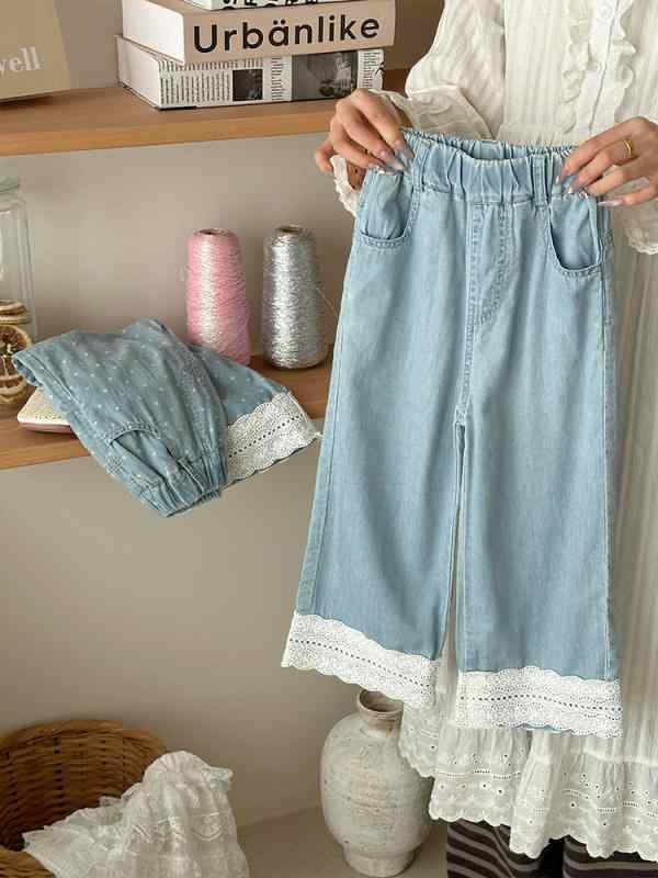 子供服 ガールズ デニムパンツ パンツ 韓国風 コットン100% 長ズボン 高ウエスト 普段使い 8歳 140cm ブルー ドット柄 かわいい