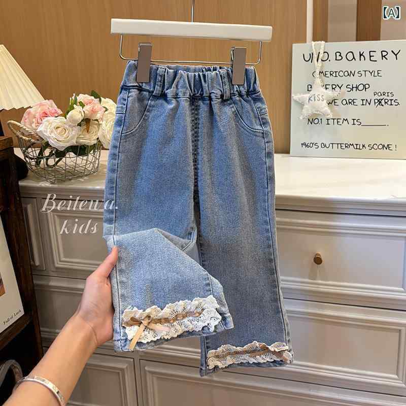 シャドーテールの子供服 デニムパンツ ガールズ レース フリル 蝶結び 春秋 カジュアル ロングパンツ 女児 中腰 90 100 110 120 130 140 コットン｜アングル2