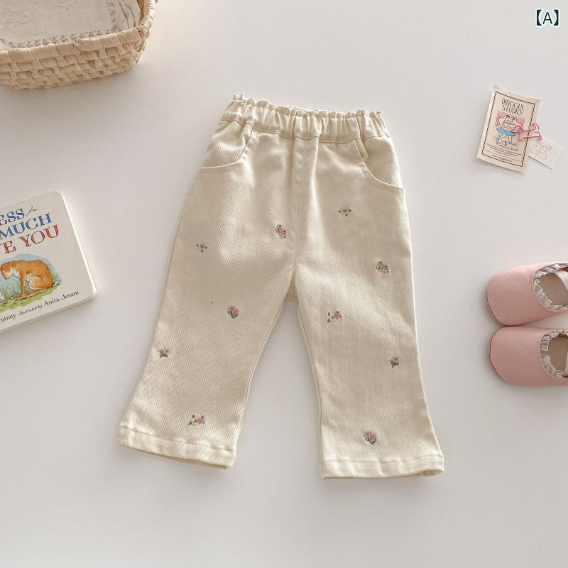 子供服 デニムパンツ 女の子 刺繍入りフレアパンツ 春 韓国風 コットン ズボン 73 ...