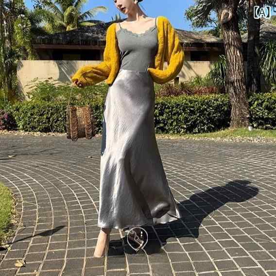 乐天商城 - スカート レディース Aラインスカート ミモレ丈 膝下丈 2025 春 春物 灰色 紫色 オフホワイト ポリエステル サテン 光沢 無地 切り替え エレガント 上品 通勤