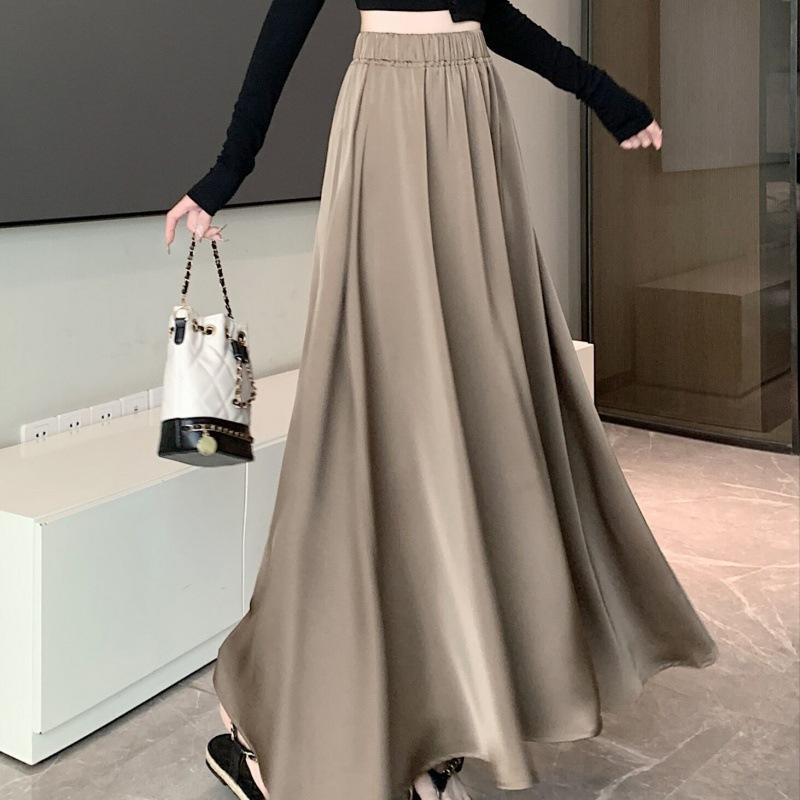 スカート レディース 傘スカート ロング丈 酢酸サテン 高見え 春夏 無地 Aライン きれいめ 通勤 オフィス カキ色 ブラック ベージュ