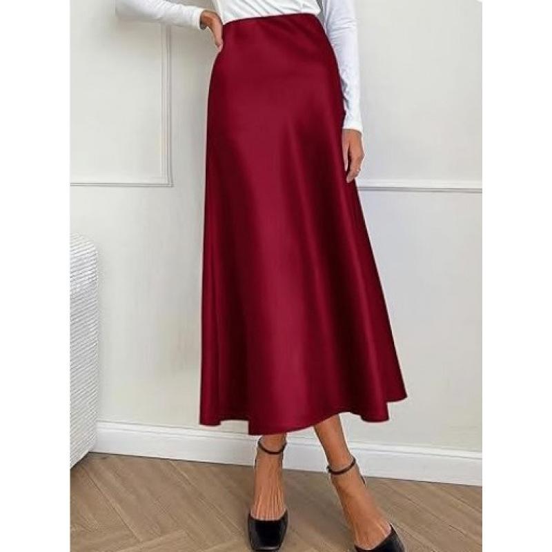 スカート レディース 春夏 緞帳(どんちょう)風 サテン 垂れ感 高腰 マーメイド ミモレ丈 ワインレッド