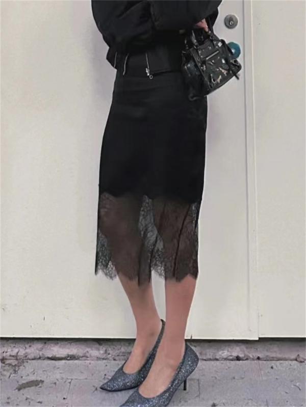Women's skirt, elegant lace, floral pattern, flared hem, cooling fabric, acetate rayon satin, high-quality look, high waist, A-line, midi length.