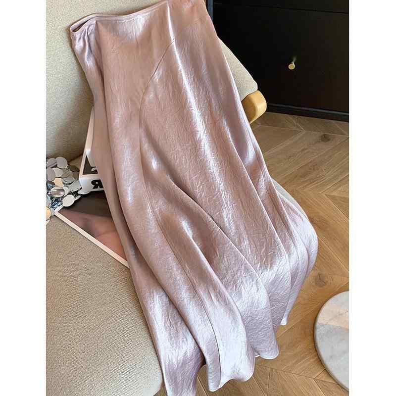 スカート レディース Aラインスカート ロングスカート ベリーピンク ポリエステル 中国風 文芸復古風 ウエストゴム 伸縮性 落ち感 マカロンカラー