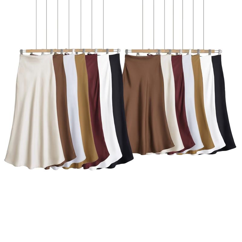 スカート レディース 高腰 痩せ見え シルエット ロングスカート サテン風 高級感 伸縮性 ブラック パールホワイト シャンパンカラー コーヒー色 オリーブグリーン ワインレッド シルバー 欧美風 セクシー