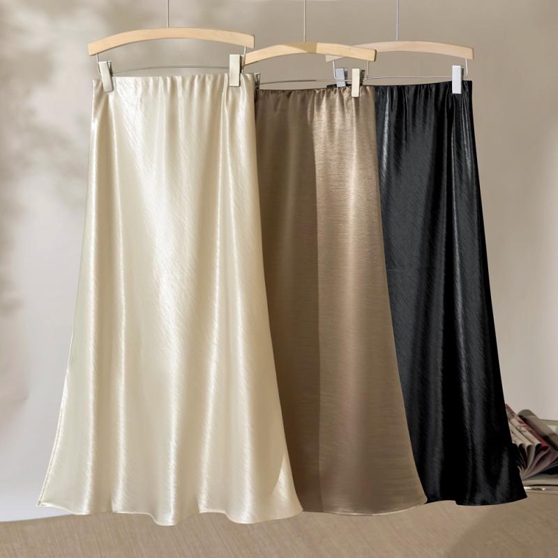 スカート レディース 高級感 醋酸 サテン Aライン 包臀 ロング丈 魚尾 ミモレ丈 膝下 ウエストゴム 無地 きれいめ オフィス 通勤 米白 シャンパン 黒