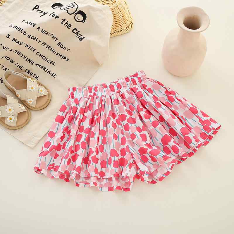 スカート付きパンツ ガールズ キッズ 子供服 ショートパンツ 夏物 薄手 ゆったり コットン デニム ファッション かわいい 花柄 チェック ドット ピンク系(x3)