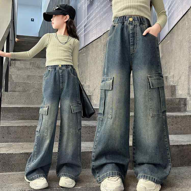 キッズ パンツ 春秋 デニム 女の子 子供服 ガールズ カーゴパンツ ワイドレッグパンツ 中学生 高校生 普段着 レジャーパンツ