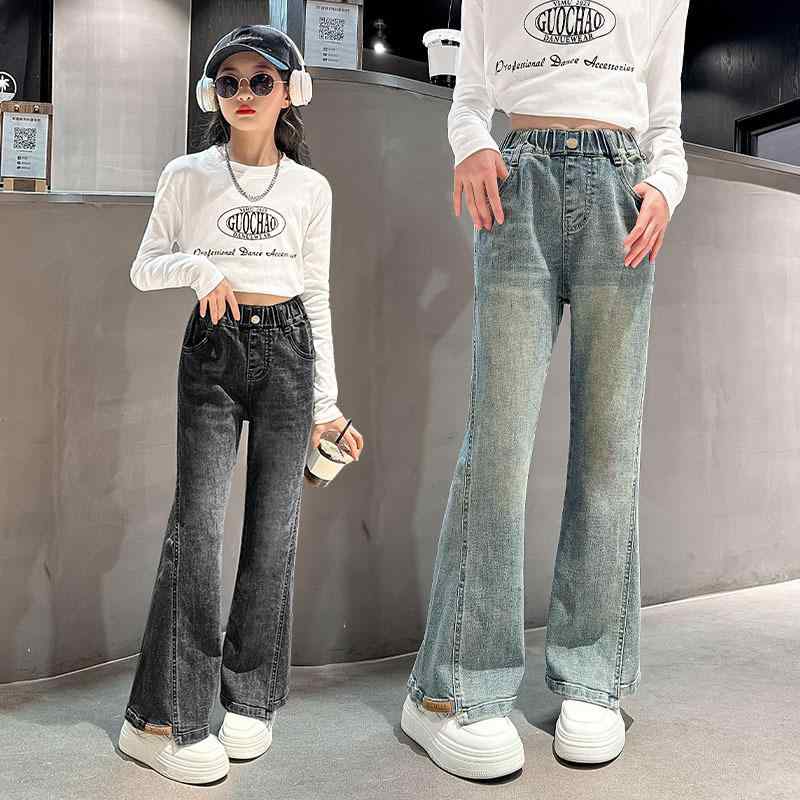 子供用ジーンズ キッズ 女の子 デニムパンツ ラッパズボン ハイウエスト ロングパンツ 8歳以上 140cm以上 春秋 冬 普通 厚さ ウォッシュ加工 伸縮性 かわいい 普段着