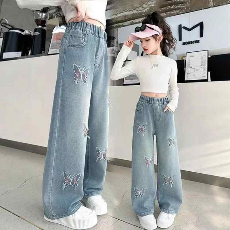 子供服 ジーンズ ガールズ ワイドレッグパンツ 春秋 中学生 女児 ロングパンツ デニムパンツ コットン ..