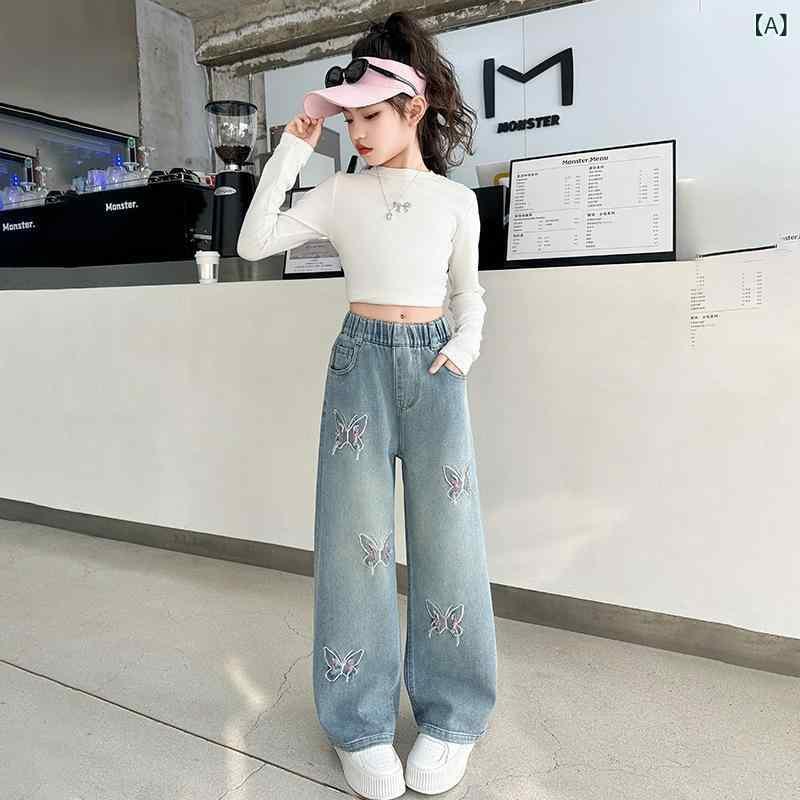 子供服 ジーンズ ガールズ ワイドレッグパンツ 春秋 中学生 女児 ロングパンツ デニムパンツ コットン 浅ブルー 藍ブラック 120cm 130cm 140cm 150cm 160cm 170cm 2