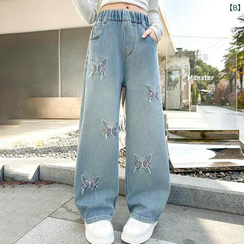 子供服 ジーンズ ガールズ ワイドレッグパンツ 春秋 中学生 女児 ロングパンツ デニムパンツ コットン 浅ブルー 藍ブラック 120cm 130cm 140cm 150cm 160cm 170cm 3