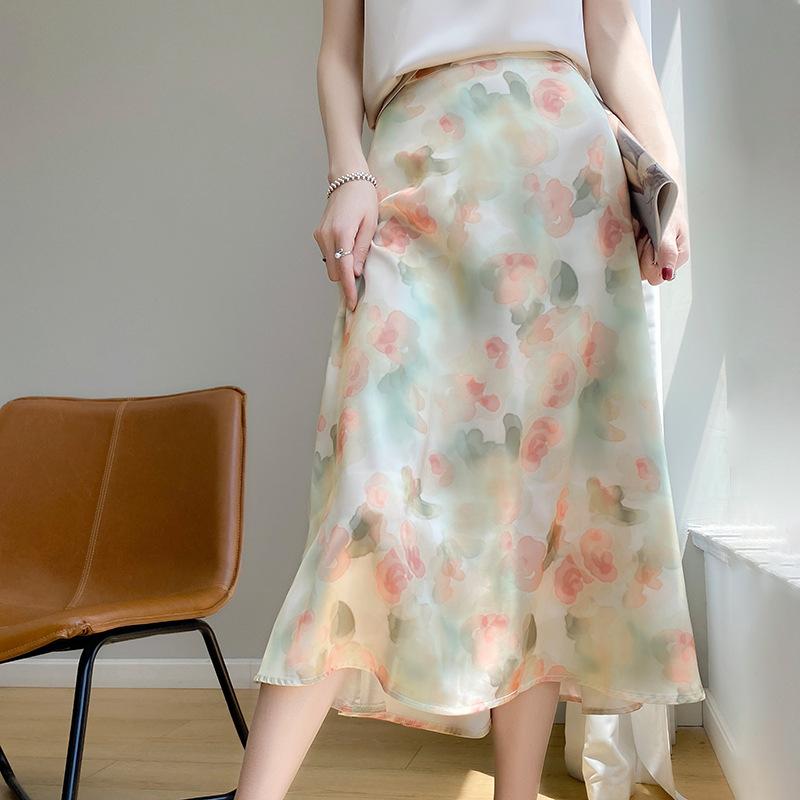 スカート レディース 春夏 フラワープリント Aラインスカート ロングスカート ハイウエスト 着痩せ 包臀 ゆったり かわいい 大人 オシャレ 普段使い デート 通勤 ポリエステル ピンク系 グリーン イエロー系(4.0)