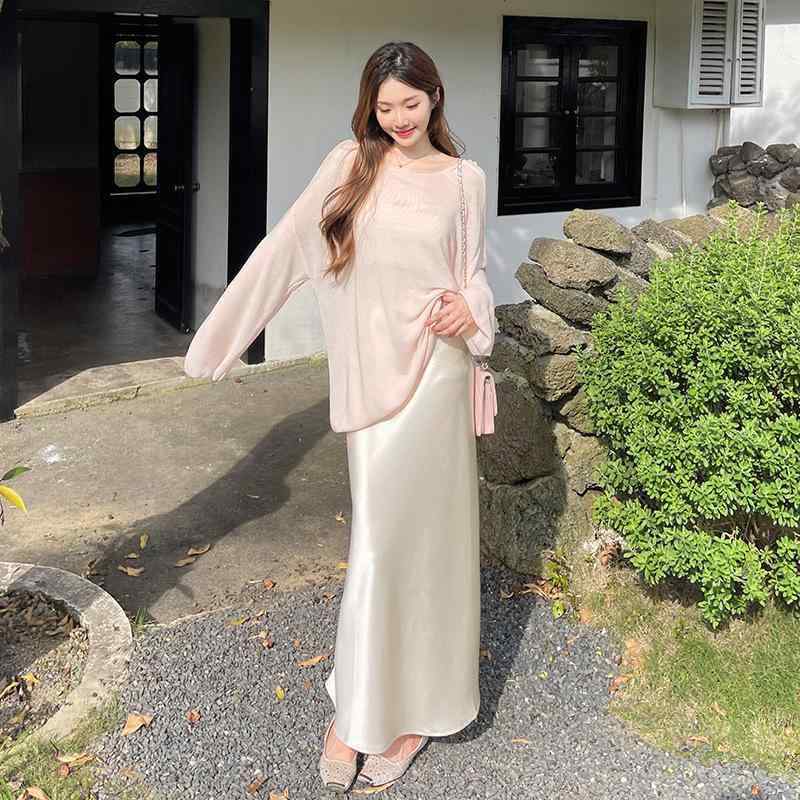 ワンピース レディース 膝丈スカート Aラインスカート 裾フレア 無地 アセテート サテンスカート 光沢..