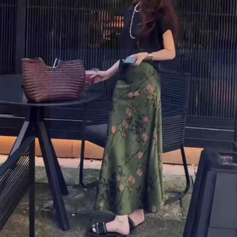 スカート レディース 春夏 薄手 ポリエステル 水墨画風 プリント サテン 高 Elastic ウエスト ロングスカート 荷葉 フリル 切り替え 気質 通勤 オフィス