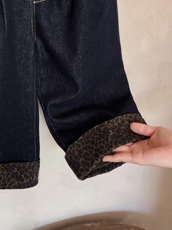 子供服 デニムパンツ ガールズ 裏起毛 秋冬 厚手 ワイドレッグパンツ 女児 暖パン 冬 ズボン 韓国風 ヒョウ柄 深青色 90cm 100cm 110cm 120cm 130cm 140cm