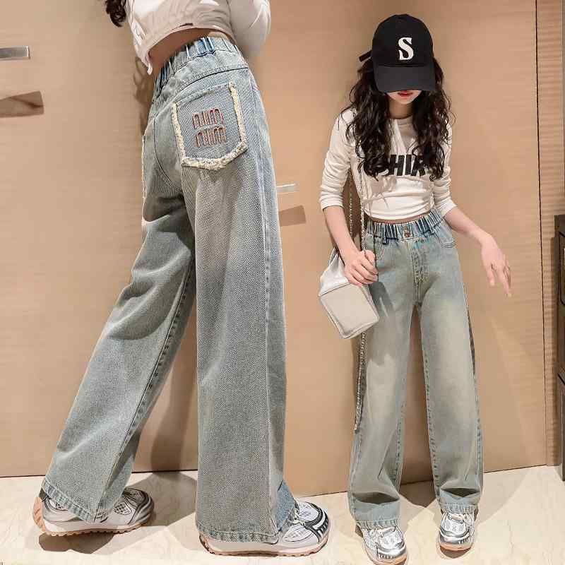 キッズ デニム パンツ ガールズ 子供 女の子 ワイドレッグパンツ 春秋 高学年 ロングパンツ 普段着 韓国風 ゆったり かわいい おしゃれ ジーンズ ジーパン 綿 春秋着 通学着