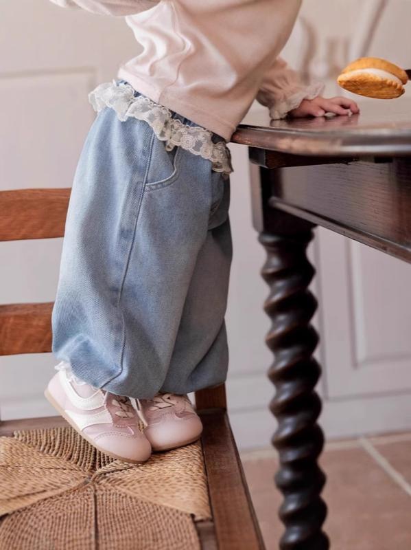 子供服 パンツ ガールズ 韓国風 コットン 花柄 かわいい 幼児 女児 ゆったり デニム ワイドレッグパンツ 73CM 80cm 90cm 100cm 110cm 春秋冬