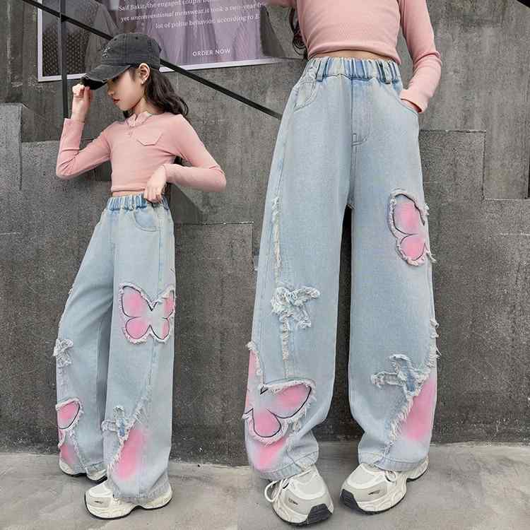 キッズ デニムパンツ 春秋物 女の子 ワイドレッグパンツ バタフライ 薄手 コットン ブルー 120-170cm