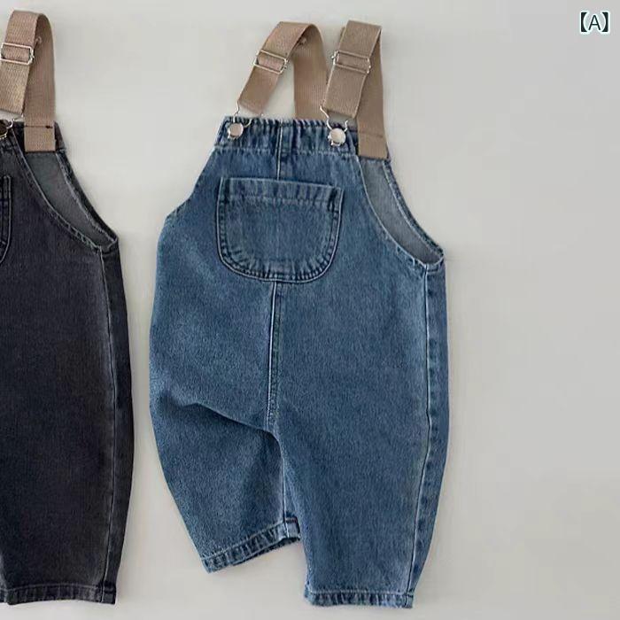 シャドーテールのベビー キッズ オーバーオール デニム 春秋 男女兼用 綿100% 8分丈 幼児 子供 高腰 ブルー ブラック 切り替え｜アングル2
