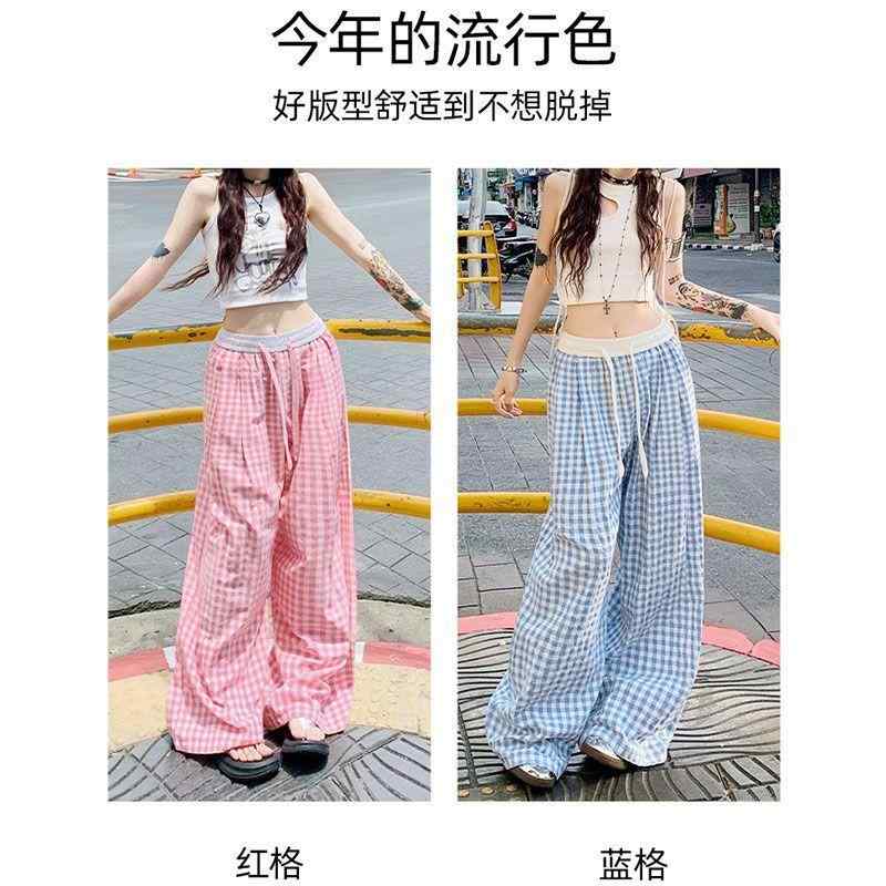 レディース ワイドパンツ 韓流 ピンク チェック柄 高腰 ゆったり 薄手 ストレート ロング 夏 直筒 裾広 涼しい ポリエステル 快適 日常使い カジュアル