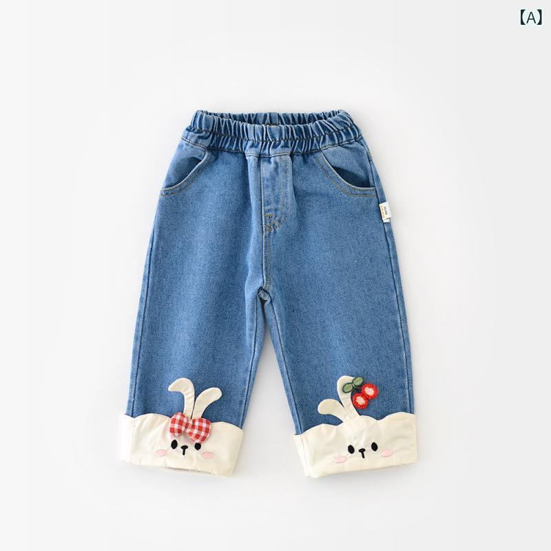 子供服 パンツ 女児 デニムパンツ 幼児 ウサギ 刺繍 ロングパンツ 高腰 綿混紡 春...
