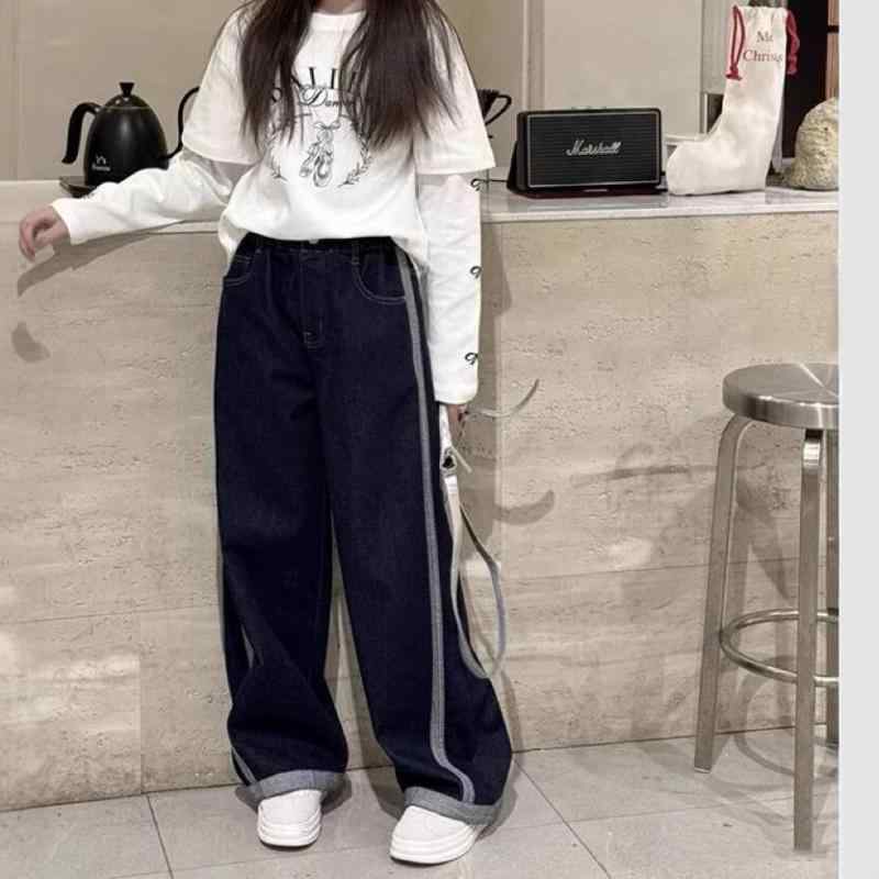 子供用ジーンズ 女の子 ストレートパンツ 春秋 高学年 デニムパンツ ゆったり 伸縮性 ウエストゴム 紺..