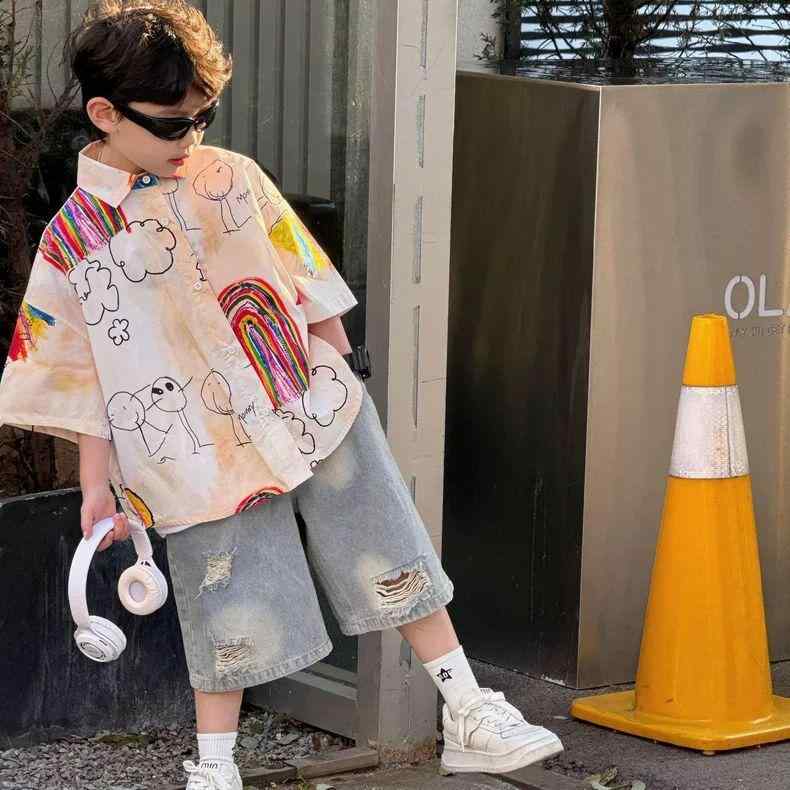 デニムパンツ キッズ 男の子 子供用 ハーフパンツ 短パン 5分丈 ゆったり 骆驼毛 フランネル 破れ加工 浅ブルー系 春夏