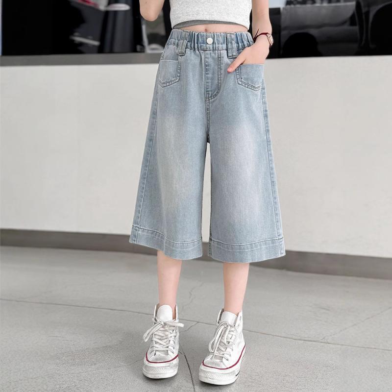 子供用ジーンズ 7分丈パンツ ガールズ ワイドレッグパンツ ブルージーンズ 綿 高学年 中学生 小学生 夏..