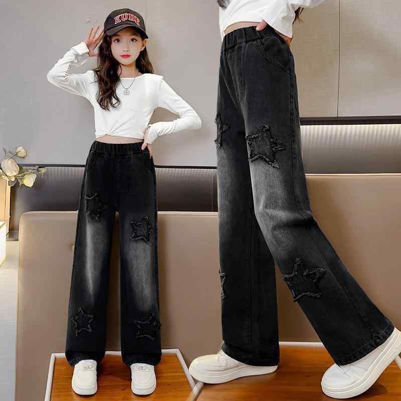 子供服 ジーンズ 女の子 ワイドレッグパンツ デニムパンツ ロングパンツ ガールズ ジーパン 春秋 カジュアル ブラック 黒 星柄 ハート 刺繍 中学生 小学生