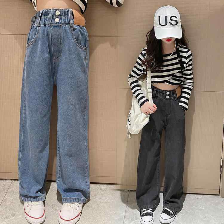子供服 デニムパンツ ガールズ ワイドレッグパンツ 女の子 8歳以上140cm以上 秋服 ストレートパンツ カジュアルパンツ 黒色 青色