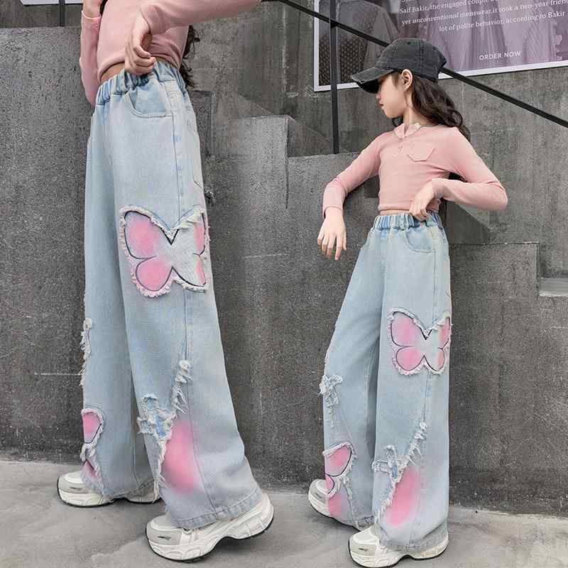 Other - 子供用ジーンズ 女の子 春秋 デニムパンツ ワイドレッグ ロングパンツ カジュアル 普段着 ガールズ 女児 コットン 8歳以上 140cm以上