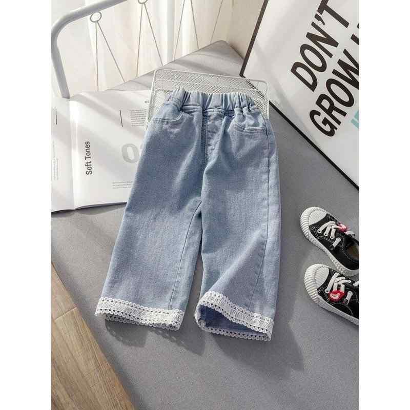 子供服 ガールズ レース 花柄 薄手 ストレッチ デニム パンツ ワイドレッグ ズボン 春夏 8歳以上 ブル..