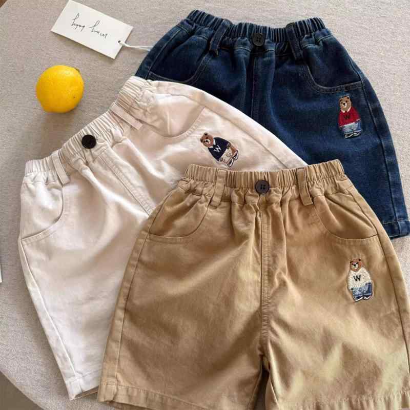子供用ショートパンツ キッズ 男の子 女の子 夏物 コットン 刺繍 かわいい カジュアル 普段着 短パン 90 100 110 120 130 140 ブルー ベージュ カーキ ストライプ